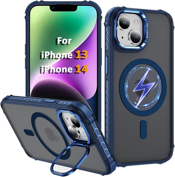 Magnetic Case for iPhone 13/14, Builtin Camera Ring Kickstand (Blue)