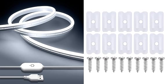 iNextStation USB LED Neon Lights Strip White with Accessories 10pcs led neon mounting Clips and 10pcs Screws