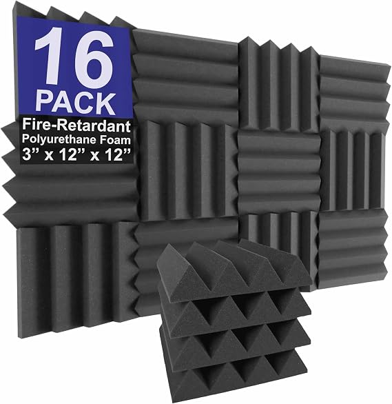 Foam Factory Inc 16 Pack Charcoal Color Acoustic Foam Panel Studio Soundproofing Wedge Wall Tiles 12 X 12 X 3