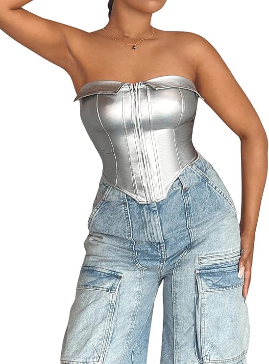 GORGLITTER Women's Metallic Strapless Bandeau Tube Tops Sleeveless Backless Asymmetrical Country Concert Corset Tops