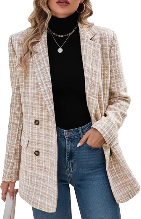 Mina Self Plaid Tweed Blazer Jacket for Women 2026 Fashion Elegant Open Front Casual Work Office Pocket Suit Coat(S-XXL)