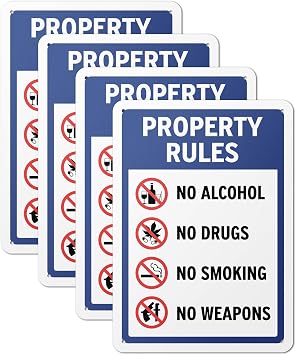 "Property Rules: No Alcohol, No Drugs, No Smoking, No Weapons" Sign for Homes, Airbnb, Businesses, Private Properties - 10" x 14" Aluminum, 4 Pack
