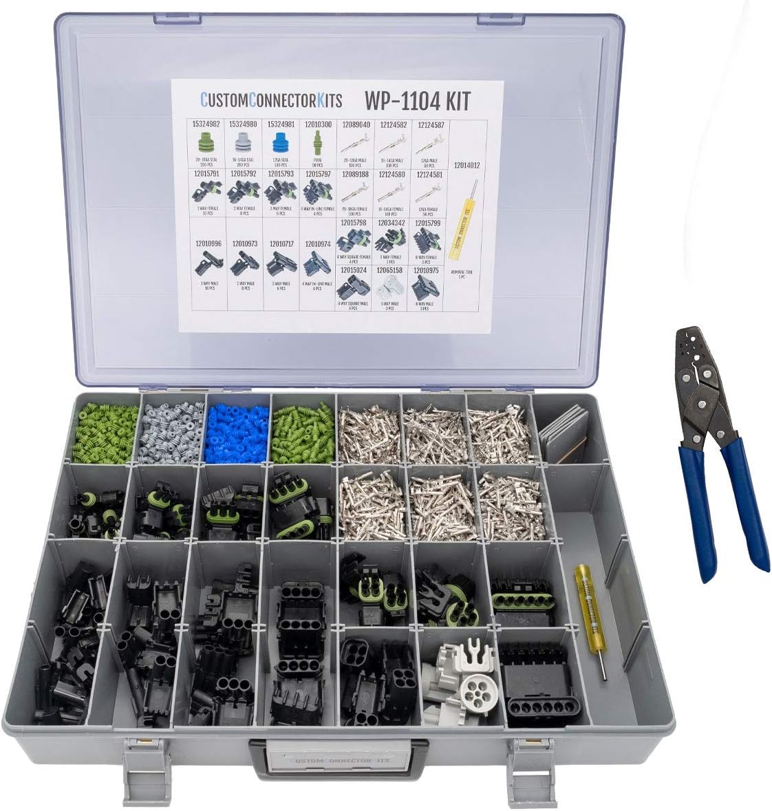 Delphi WeatherPack Connector Kit WP-1104 With T-18: Sealed Weatherproof Automotive Electrical Connectors 20-12 Gauge 1104 Piece Kit With Crimp Tool
