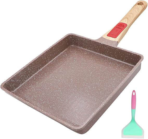 AIKENBBKK Tamagoyaki Pan Ceramic, Japanese Omelette Pan Nonstick, Japanese Egg Pan, Square Egg Pan, Induction-Ready, Detachable Handle, with Silicone Spatula, PFAS & PFOA-Free, Oven Safe,Brown,9"x8.2"