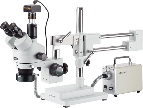 AmScope 7X-45X Simul-Focal Trinocular Boom Stereo Microscope with LED Fiber Optic Ring Light and 1.3MP Camera