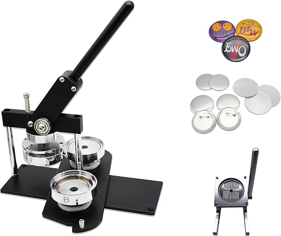 ChiButtons Button Maker Kit 75mm (3") Badge Press Machine-B400 + Round Die Moulds + 100 Sets Pin Parts + Stand Cutter (B400 Maker (Black) / Stand Cutter (Silver))