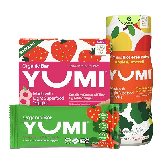 Yumi Organic Toddler Snacks Bars - Gluten-Free, No Added Sugar, 7+ Vegetables, Strawberry & Rhubarb (30ct.) & YUMI Rice-Free Baby Puffs - No Sugar Added, Gluten-Free, Non-GMO, Apple & Broccoli (6ct.)