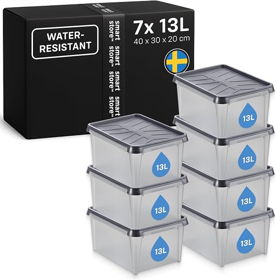 SmartStore 13 L Waterproof Plastic Storage Boxes with Lids, Set of 7, Frosted, Stackable and Nestable, Food Safe and BPA Free, IP64 rating, L40 x W30 x H20 cm, Anthracite