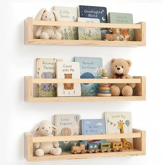 ZONJIE Nursery Shelves Set of 3-16.5 Inch Baby Floating Bookshelf, Wood Wall Mounted Children’S Book Shelves for Kids Nursery Decor, Hanging kids Furniture for Toy Storage and Playroom, Kids Room