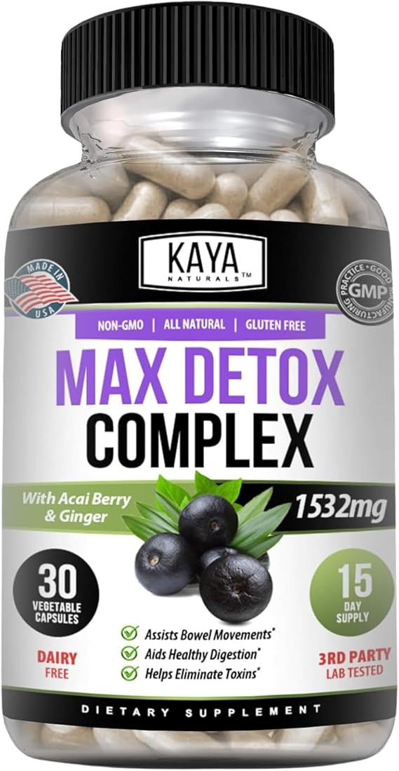 Kaya Naturals Max Detox Herbal Supplement - Natural Ingredients 1532 mg - Psyllium Powder, Acai Berry Extract, Ginger Root 30 Count