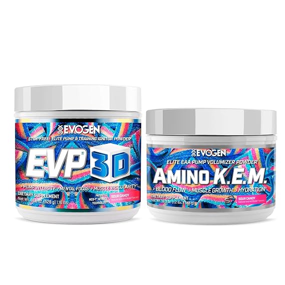 Evogen EVP 3D Amino K.E.M. Bundle Stim Free Pre Workout Powder & EAA/BCAA Pump Volumizer for Muscle Growth, Hydration & Performance | Sour Candy