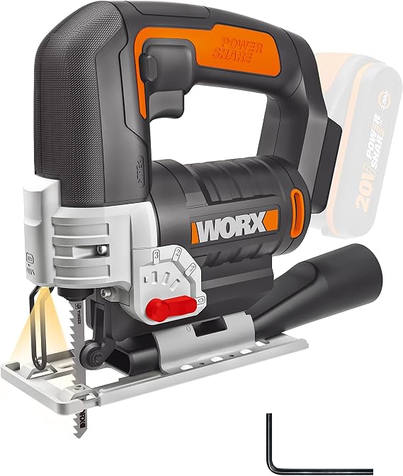 Worx WX 543.9 Reciprocating Saw Professional saw with suction adapter also ideal for mitre cuts cutting length 80/18/8 mm PowerShare compatible