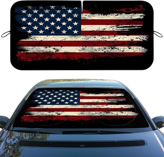 Patriotic American Flag Car Windshield Sunshade Folding, 59x31.5 Inch, Polyester, Red, White, Blue, Roll Up, Car Compatible