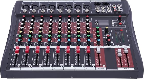 Professional Audio Mixer 8-Channel, DJ Controller Sound Board with Bluetooth and USB, Mixer Sound Stereo Channel Console Board, 48V Phantom Power and Reverb, for Home Recording, Live Performa