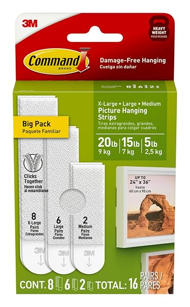 Command 20, 15, 5 lb X-Large, Large, and Medium 16 Pairs Picture Hanging Strips (32 Strips), Damage-Free Hangers for Picture Frames, No Tools Required, Great for Home Room Wall Decor, White Adhesive