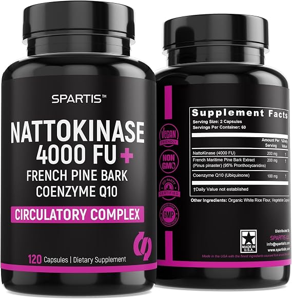 SPARTIS Nattokinase Supplement 4000 FU CoQ10 100mg French Maritime Pine Bark Extract 200mg with Enzymes for Circulatory & Cardiovascular Support (Pack of 1 at 120-Caps)