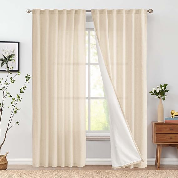 jinchan Lined Linen Curtains Privacy Back Tab 50x96 Inch 2 Panels Set Beige