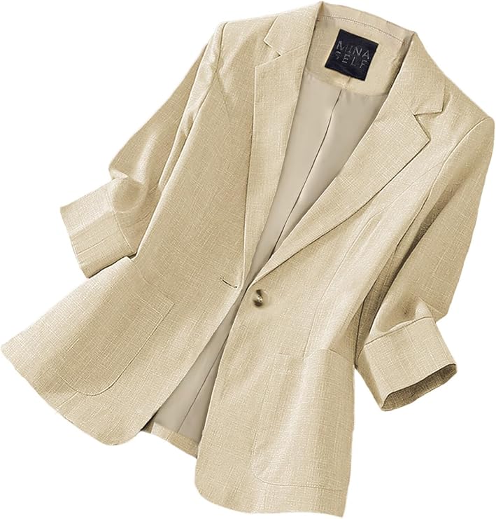 Mina Self 2026 Summer Women's 3/4 Sleeve Linen Blazer - Lightweight Breathable Lined Button Casual Work Office Jacket Pockets
