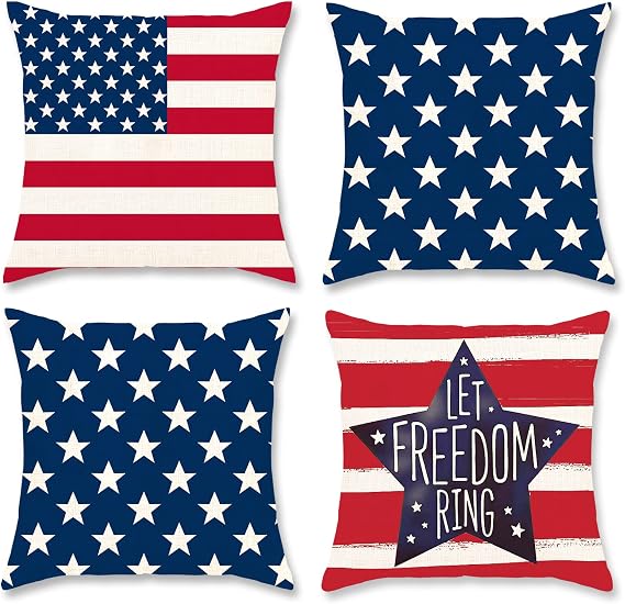 DUZXLCQ 4th of July Decorations Pillow Covers 18x18 inch Set of 4 Independence Day Patriotic Throw Pillow Case American Flag Stars and Stripes Cushion Case for Sofa Couch Bed Home Outdoor