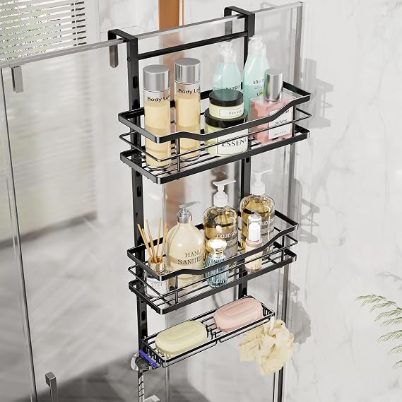 SWTYMIKI Over Door Shower Caddy - 3 Tier Shower Caddy Hanging with Hooks and Soap Holder, No Drilling Rustproof Bathroom Shower Organiser Hanging Caddy for Body Wash, Shampoo, Soap, Razor