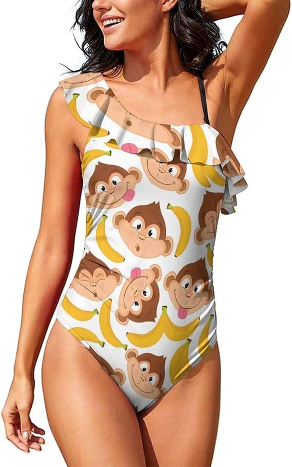 Funny Cartoon Monkey Swimwears Womens One Shoulder Asymmetric Bathing Suit Casual Swimwear Conjoined Swimsuit