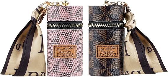 Adorila 2-Pack Zippered Lipstick Case Keychain with Scarf Charm, Mini Vegan Leather Lip Gloss Pouch for Purse (Brown+Pink)