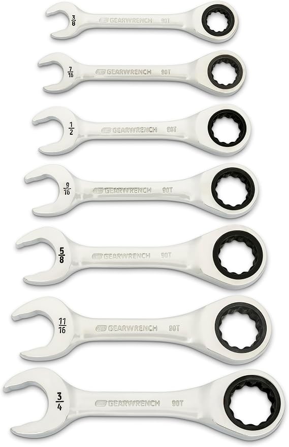 GEARWRENCH 7 Piece 90-Tooth 12 Point Stubby Combination Ratcheting Wrench, SAE | 86858