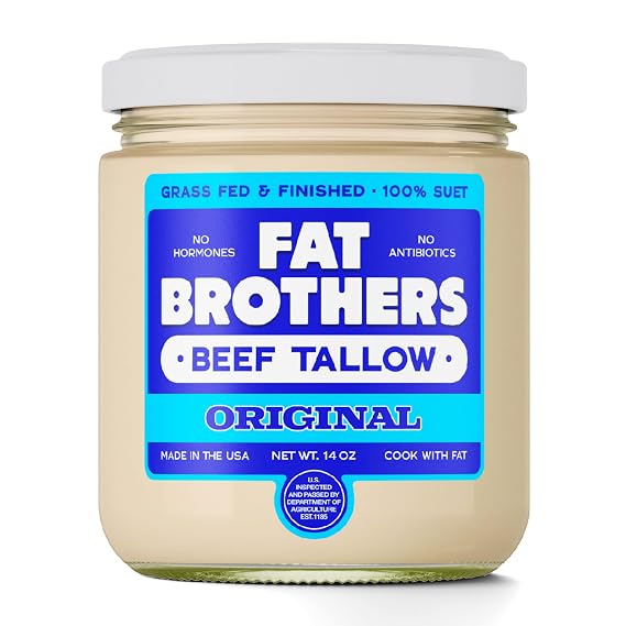 Fat Brothers Original Grass-Fed Beef Tallow, USA Made and Sourced, 100% Suet, 14oz Wide-Mouth Jar, No Added Hormones or Antibiotics, For Cooking, Frying, Baking, Skincare, More