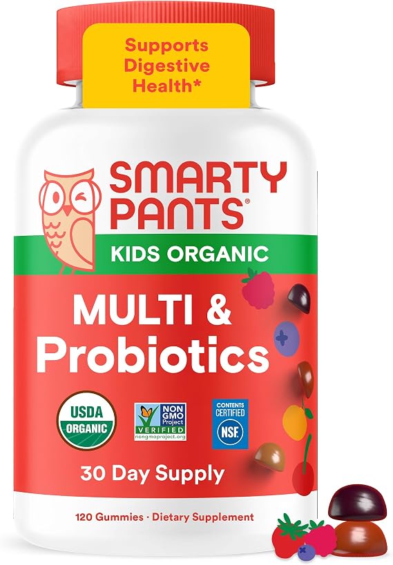 SmartyPants Organic Kids Multivitamin Gummies: Probiotics, Omega 3 (ALA), Beta Carotene, Vitamin B12, B6, A, K & Zinc for Immune Support, Biotin, Three Fruit Flavors, 120 Count (30 Day Supply)
