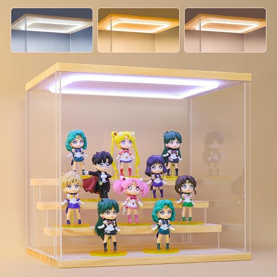 Acrylic Display Case with LED Lighting 4 Levels Wooden Display Case for Figures 3-colour LED lighting dust protection inner dimensions 4 levels 32.2 x 24 x 30 cm for figures and collectibles