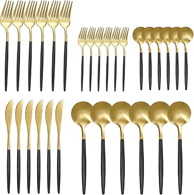30 Piece Matte Black Gold Silverware Set, Flatware Set for 6, Forks Spoons Set, Food-Grade Stainless Steel Cutlery Set GoldBlack