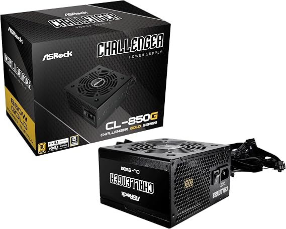ASRock Challenger 850W Power Supply Auto iCOOL Intelligent Fan Control 120mm Golf Blade CL-850G 80 Plus Gold Certified Non-Modular ATX3.1 PCIe5.1 12V-2x6 Cable