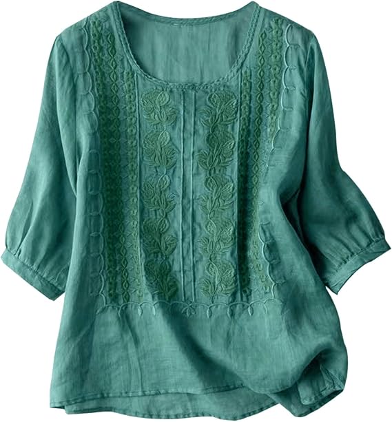 Linen Bohemian Tops for Women Summer 3/4 Sleeve Shirts Loose Crewneck Casual Vintage Boho Embroidered Blouse Tops