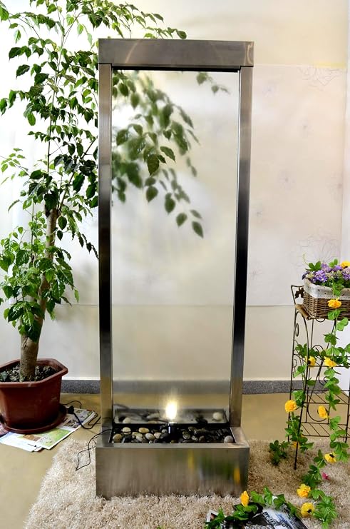 Cascading Waterfall Thick Glass Wall Floor Water Fountain, 72" Height x 24" Wide, Stainless Steel Frame, Lighting