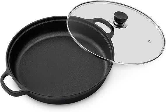 Warmiehomy Cast Iron Griddle Pan with Glass Lid, 25cm Non-Stick Grill Pan
