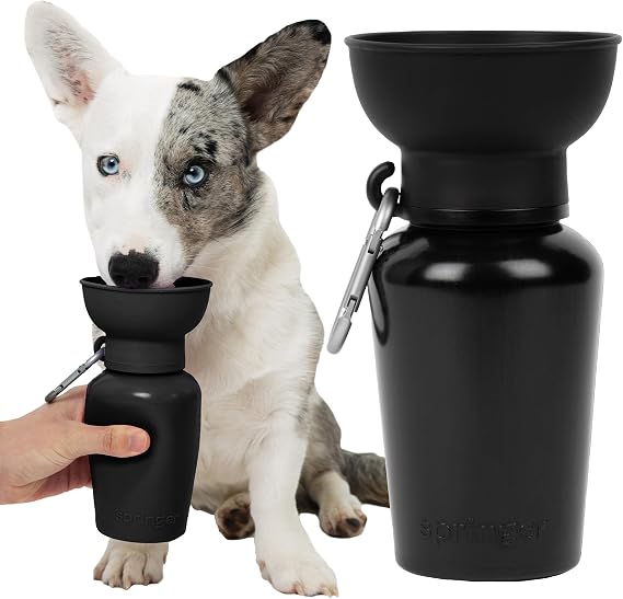 Springland 20oz Flip Portable Dog Water Bottle with Collapsible Bowl, Black | Leak-proof, BPA-free, food-grade silicone foldable water bowl, easy squeeze, fits cup holders, for travel, hiking, camping
