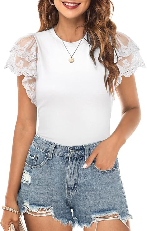 DOROSE Womens Tops Lace Ruffle Sleeve Summer Tshirts Blouse Trendy
