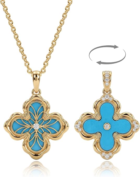 Fettero Dainty Gold Necklace for Women - Double Sided Pendant Necklace 14K Gold Plated Charm Clover Necklace Jewelry for Valentine's Day