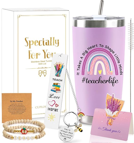 Teacher Appreciation Gifts for Women - 20 Oz Purple Tumbler Set Big Heart Stainless Steel Tumbler Cup with Lid Straw, Thank You Educator Teacher Present Idea for Graduation Thanksgiving Christmas Gift