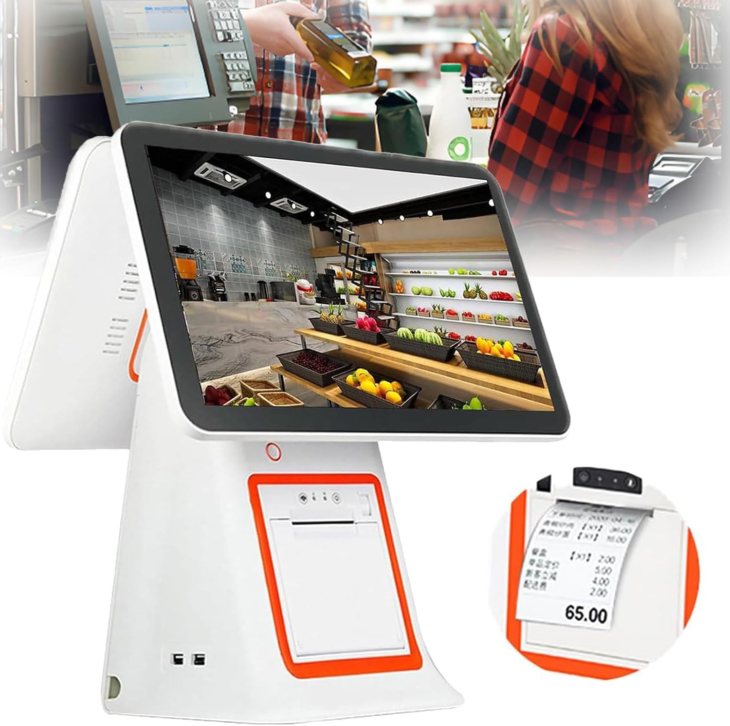 Cash Register System,LCD Touch Cash Register,15.6 LED Backlit Touch Screen Dual Monitor,Cash Register for Small Businesses,All-in-One Cash Register,White