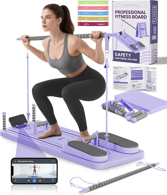Pilates Board (Includes a Set of 5 Resistance Bands) - Multi-Functional Pilates Reformer for Core & Abdominal Training, Top-Tier Pilates Equipment for Women’s Home Fitness