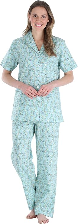 Sleepyheads Womens 100% Cotton Poplin Pajama Set Short Sleeve Button Down Top & Pants, Lightweight Breathable Sleepwear