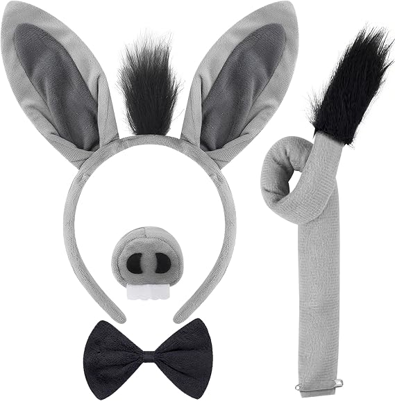 Komotu Donkey Costume Set-Donkey Ears Headband Nose Tail and Bow Tie-Animal Props Kit for Halloween Cosplay Birthday Christmas 4 Pcs