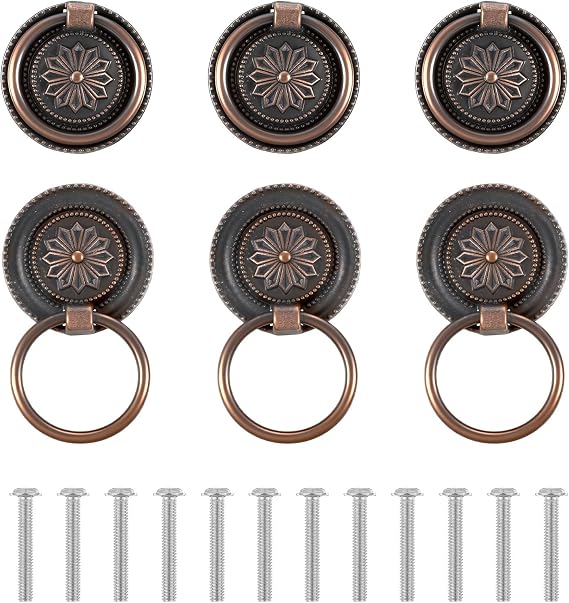 6 PCS Antique Drawer Pull Ring, Vintage Cabinet Pulls Ring Drawer Pulls Cabinet Rings Handle Cabinets Drawers Dressing Knob with Screws for Cabinets Dresser Closet Wardrobe Bedroom Furniture Decor