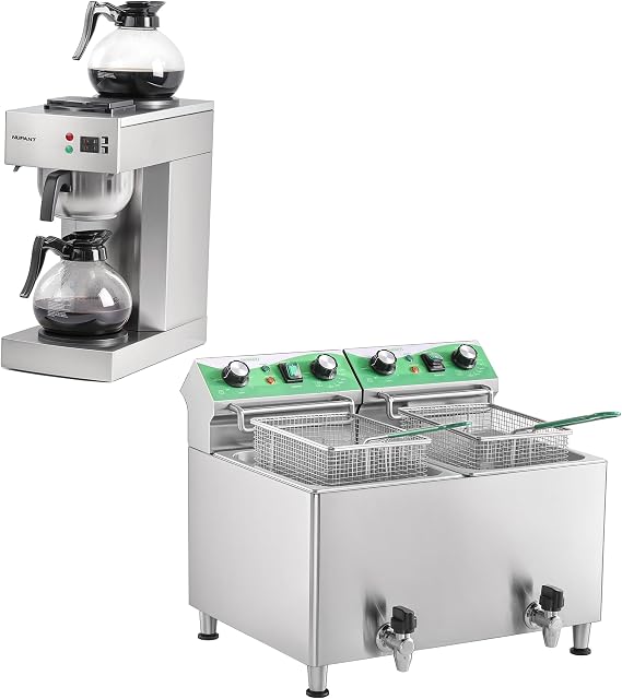 12-Cup Coffee Maker 1.8L Commercial Drip Coffee Maker Machines with 2 Glass Carafes and 2 Warmers Plate & 12L X 2 Dual Tank Commercial Deep Fryer with Drain and Timer Stainless Steel for Restaurant