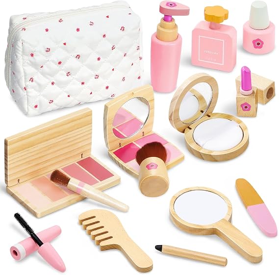 Wooden Makeup Toy Set for Toddler [2026] Play Makeup Kit for Girls 3-5 with Pretend Wood Lipstick/ Mirror/ Brushes/ Cosmetic Set Beauty Girl Birthday Gift Age 3 4 5 6