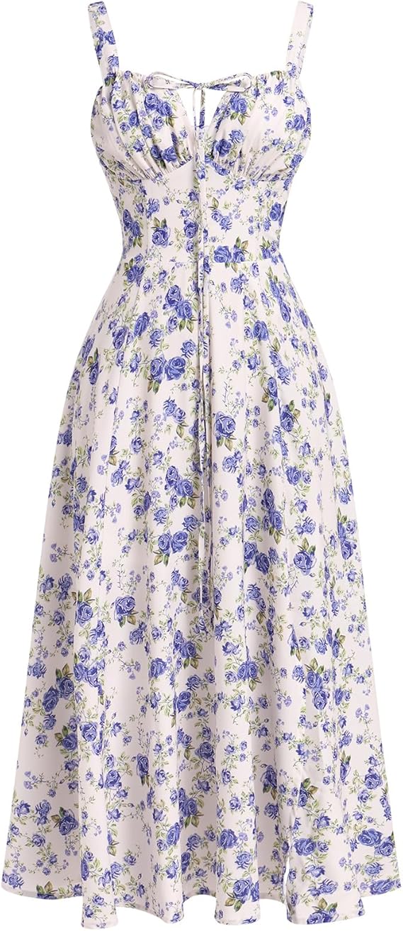 Odizli Women's Summer Sexy Sleeveless Spaghetti Straps Boho Flowers Long Dress with Slit