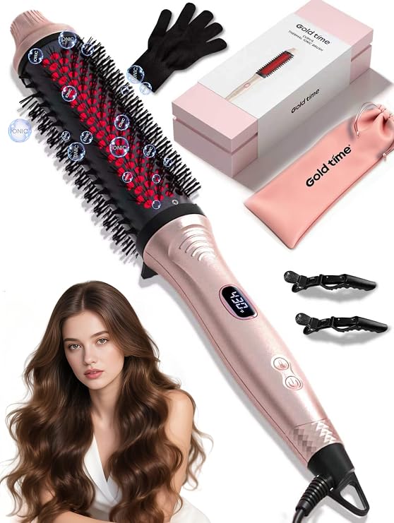 Infrared Thermal Brush 1.65, 100M Negative Ions 2-in-1 Curling, Straightening & Smoothing Round Brush, 6 Heat Settings with LED Display, Lightweight Quiet, Dual Voltage, Auto Shut-Off, Pink Gift Box
