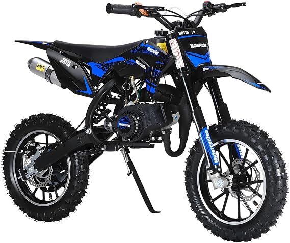 49cc Kids Dirt Bike Gas Powered 2-Stroke Mini Motocross Motorcycle 2-Stroke Mini Motorcycle for Kids and Adults with Front and Rear Disc Brakes, Max Speed 40KM/H with Front/Rear Disc Brakes Blue