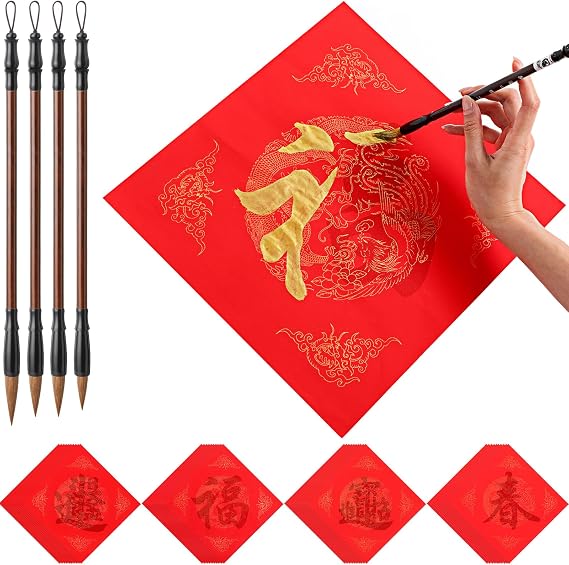 24 Pcs Traceable Red Calligraphy Paper, Pre-written New Year Dou Fang Xuan Paper, 3 Sizes Calligraphy Writing Brush, Spring Festival Chunlian/Duilian for Lunar New Year